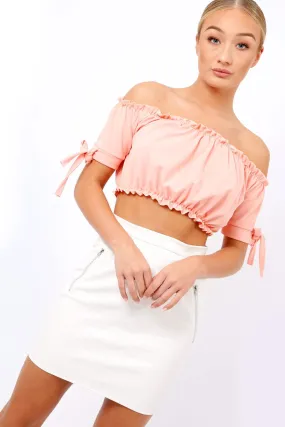 Coral Ruched Bardot Gypsy Crop Top - Janette