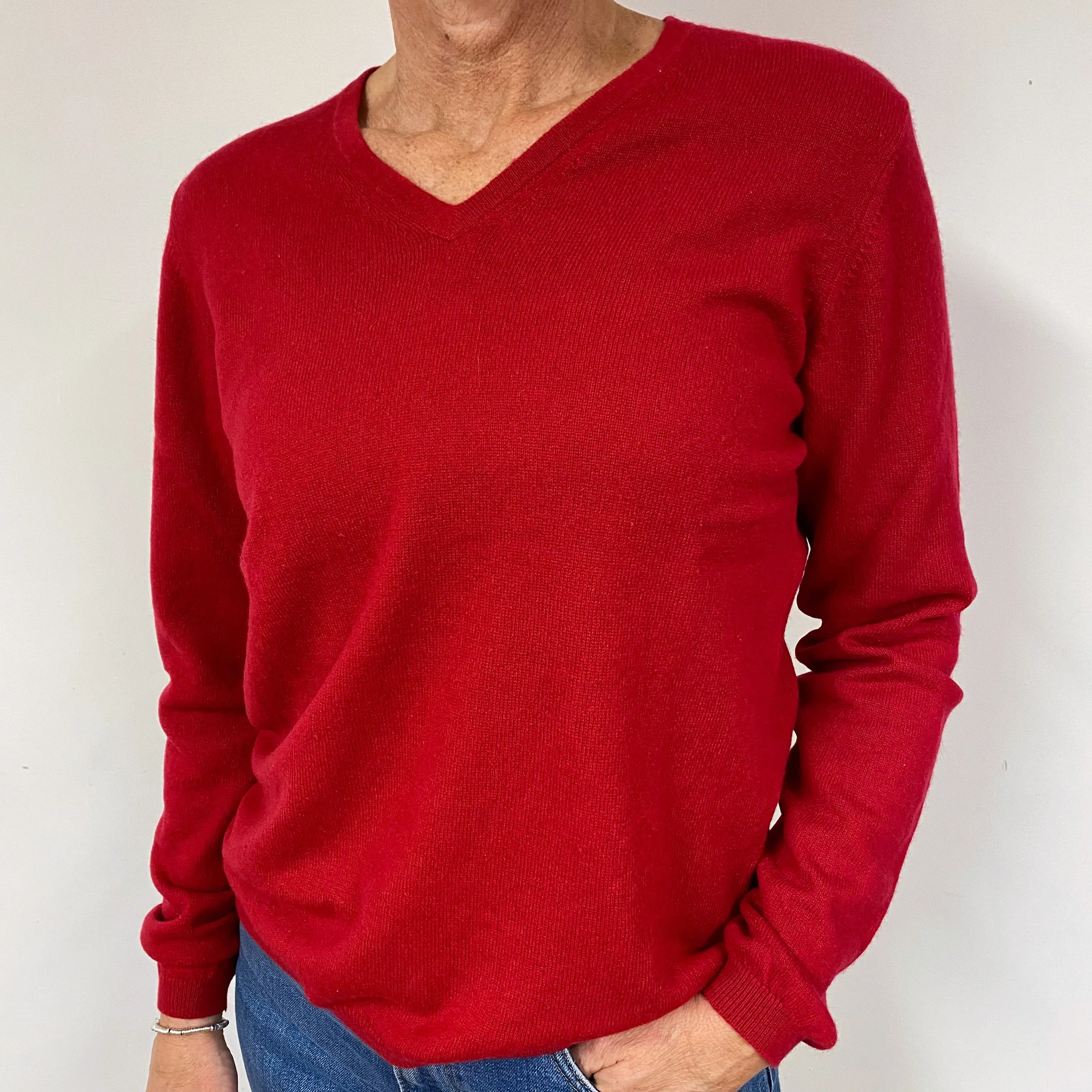 Crimson Red Cashmere V-Neck Jumper Medium