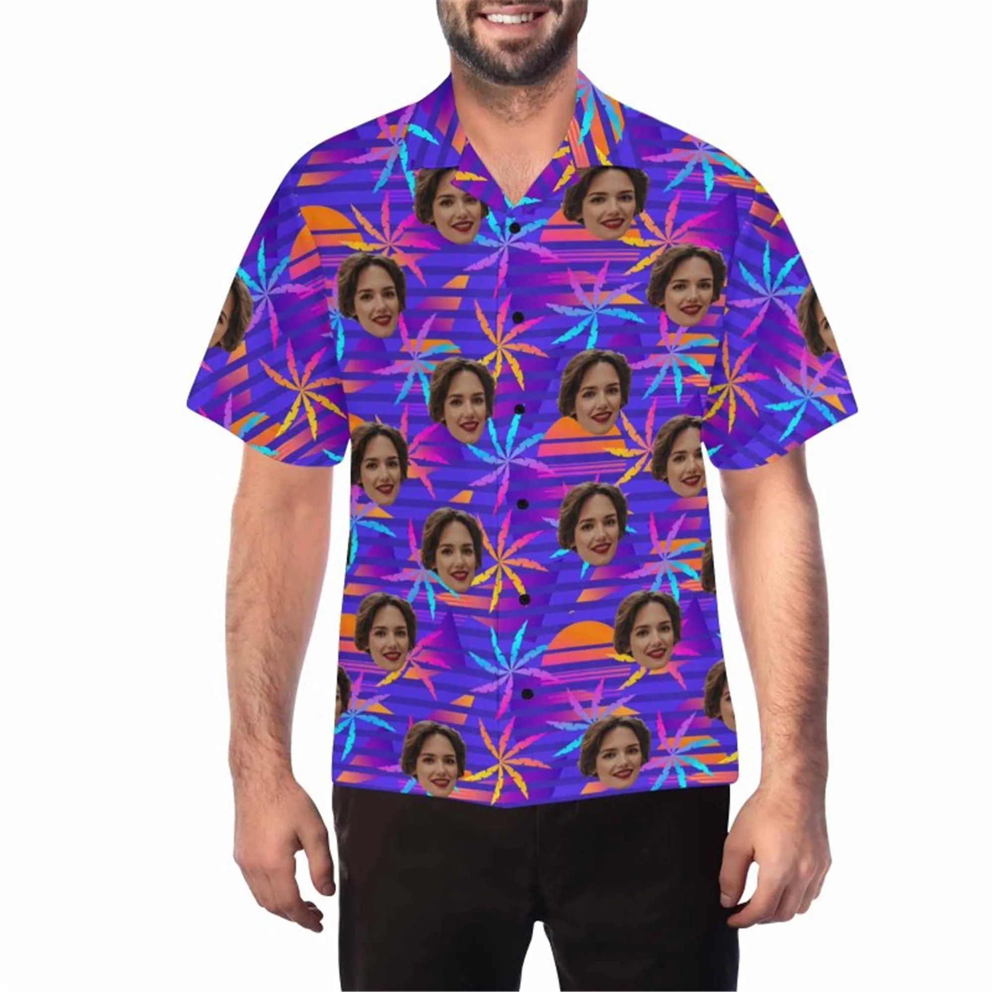 Custom Face 3D Print Hawaii Button up Short Sleeve for Men with Blue-Cannabis Leaf Honolulu Beach Vintage Shirt