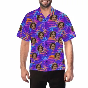 Custom Face 3D Print Hawaii Button up Short Sleeve for Men with Blue-Cannabis Leaf Honolulu Beach Vintage Shirt