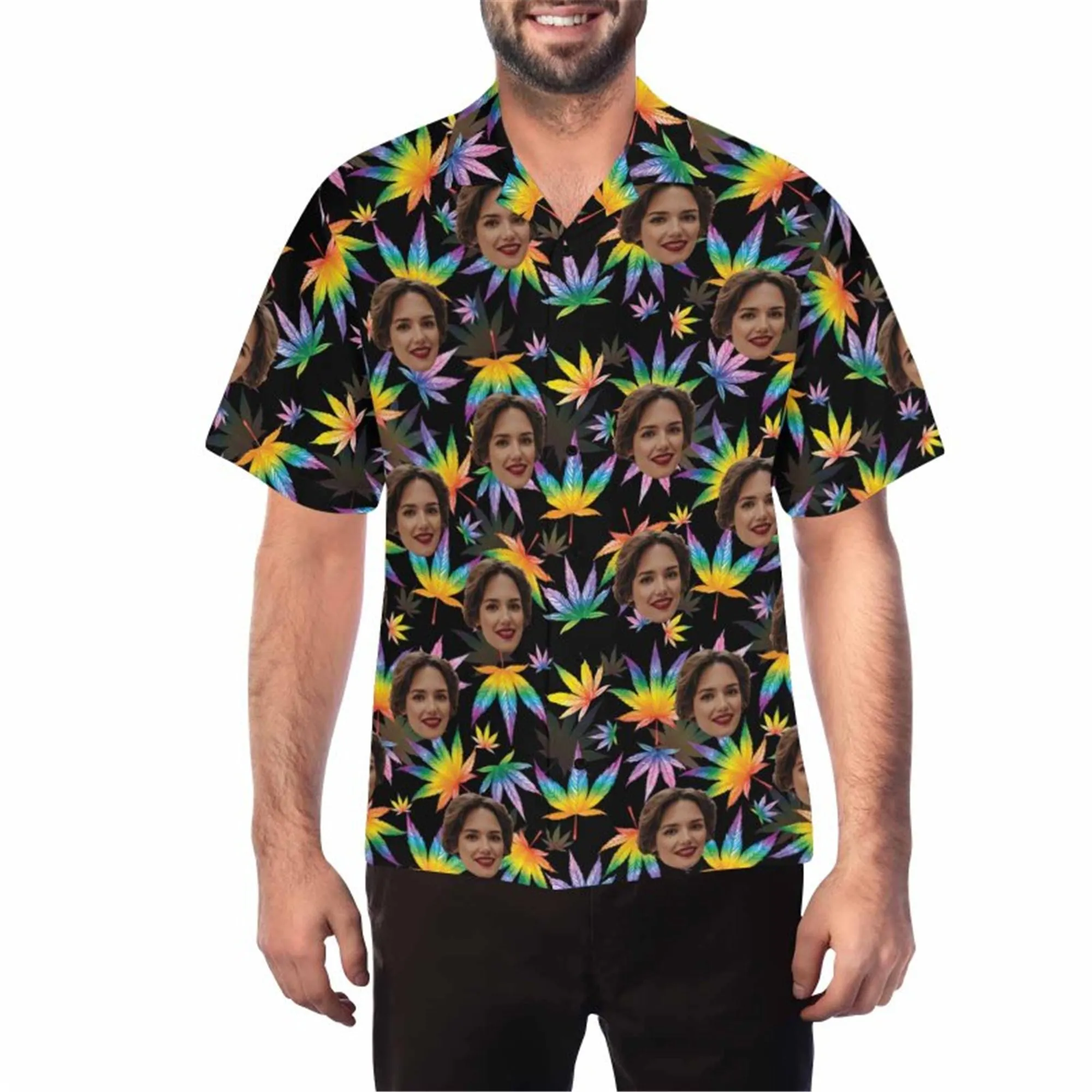 Custom Face 3D Print Hawaii Button up Short Sleeve for Men with Blue-Cannabis Leaf Honolulu Beach Vintage Shirt