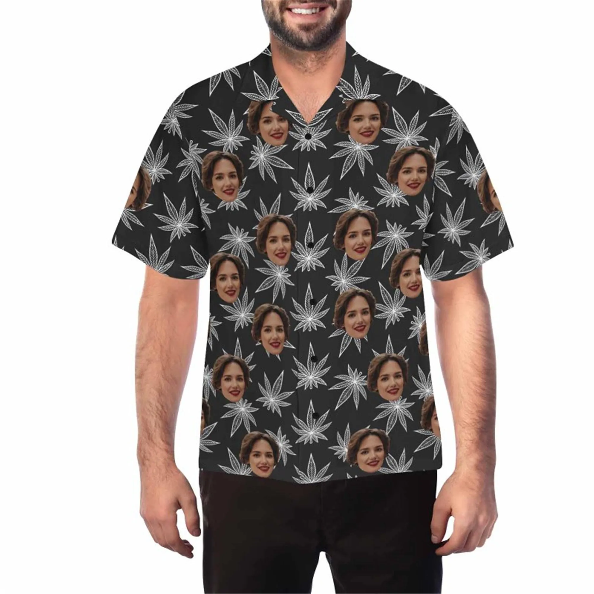 Custom Face 3D Print Hawaii Button up Short Sleeve for Men with Blue-Cannabis Leaf Honolulu Beach Vintage Shirt