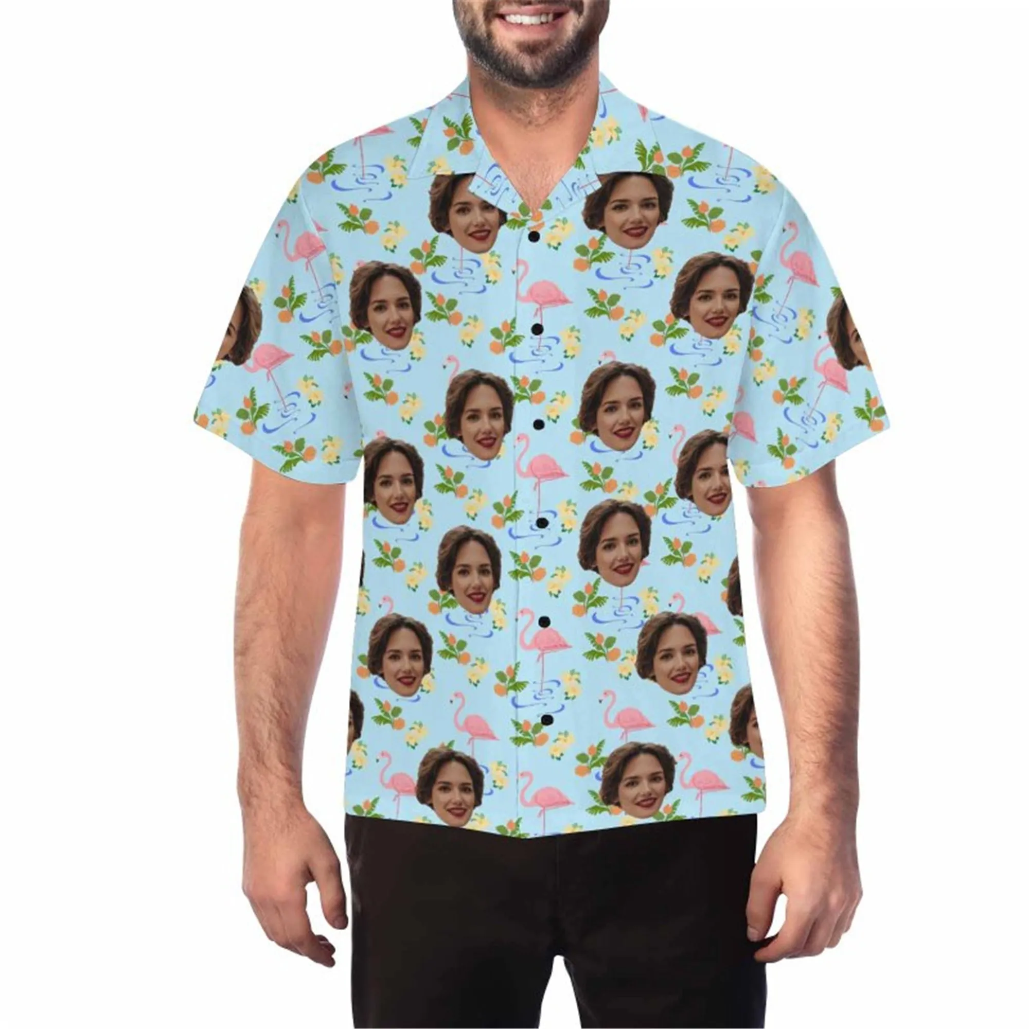 Custom Face 3D Print Hawaii Button up Short Sleeve for Men with Blue-Cannabis Leaf Honolulu Beach Vintage Shirt