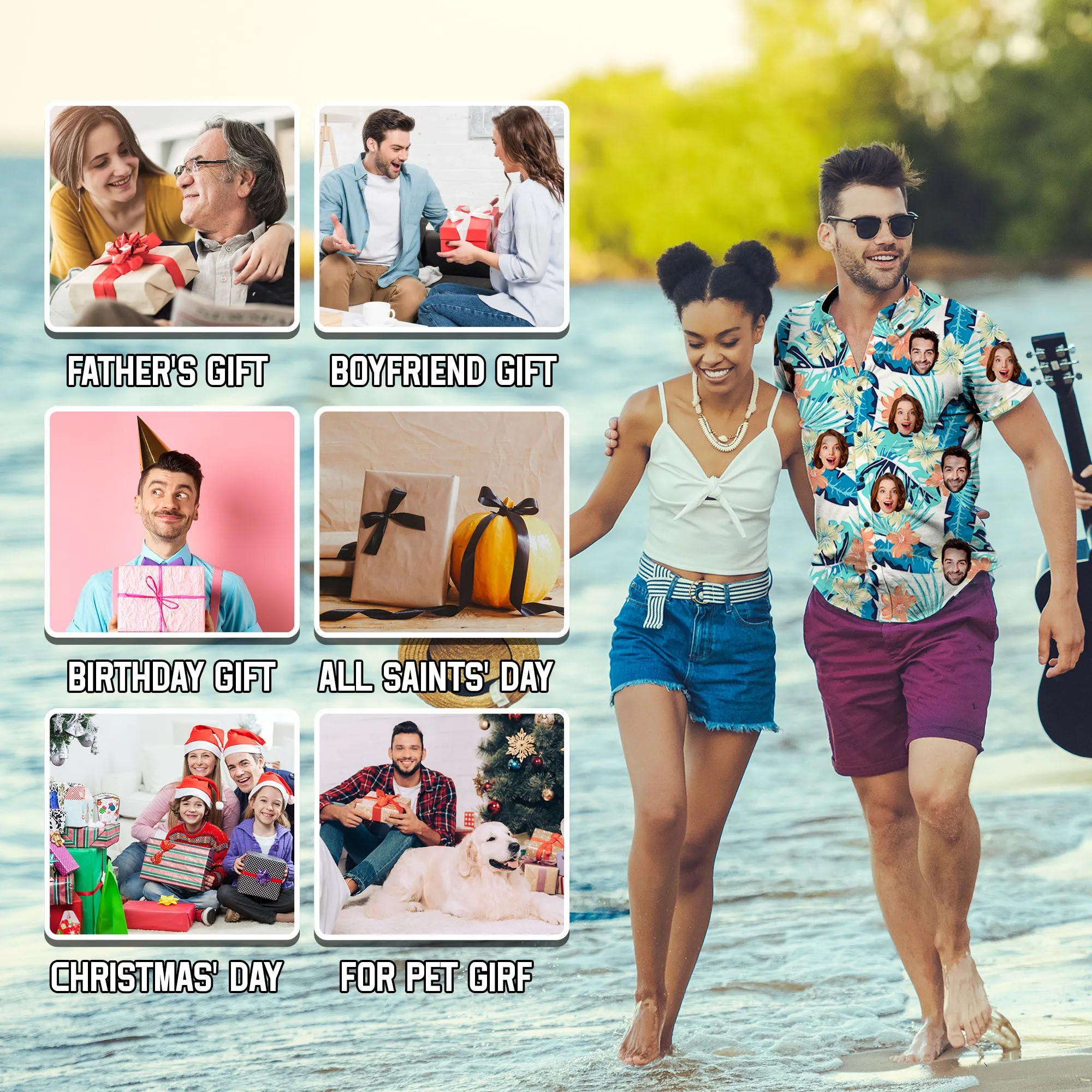 Custom Face 3D Print Hawaii Button up Short Sleeve for Men with Blue-Cannabis Leaf Honolulu Beach Vintage Shirt