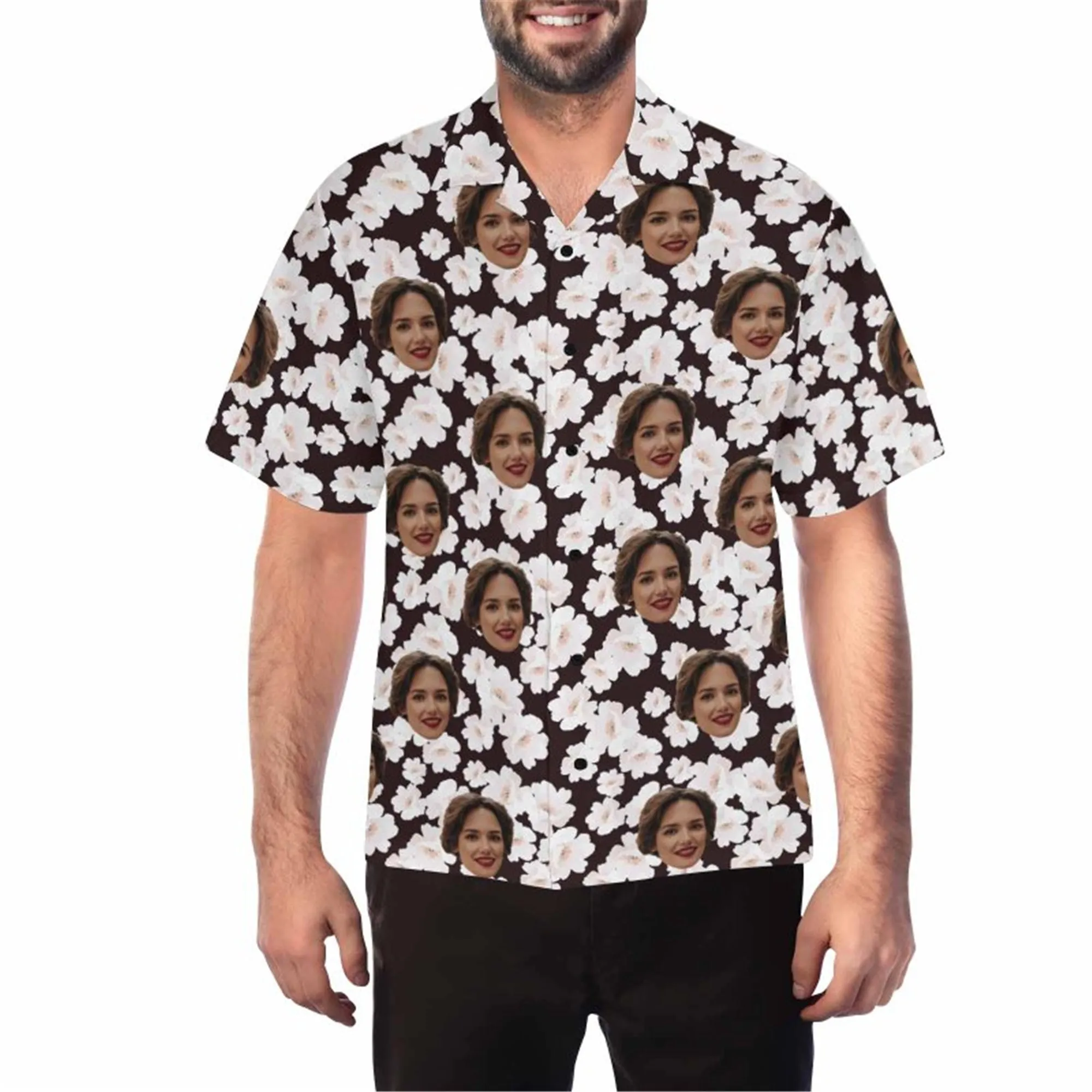 Custom Face 3D Print Hawaii Button up Short Sleeve for Men with Blue-Cannabis Leaf Honolulu Beach Vintage Shirt