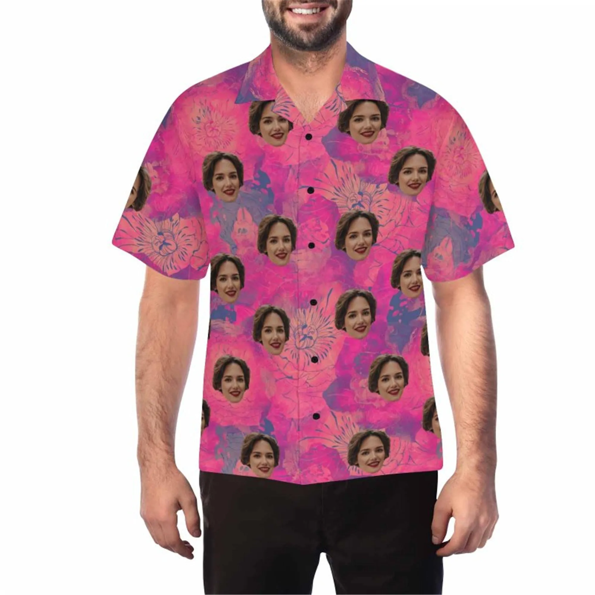Custom Face 3D Print Hawaii Button up Short Sleeve for Men with Blue-Cannabis Leaf Honolulu Beach Vintage Shirt