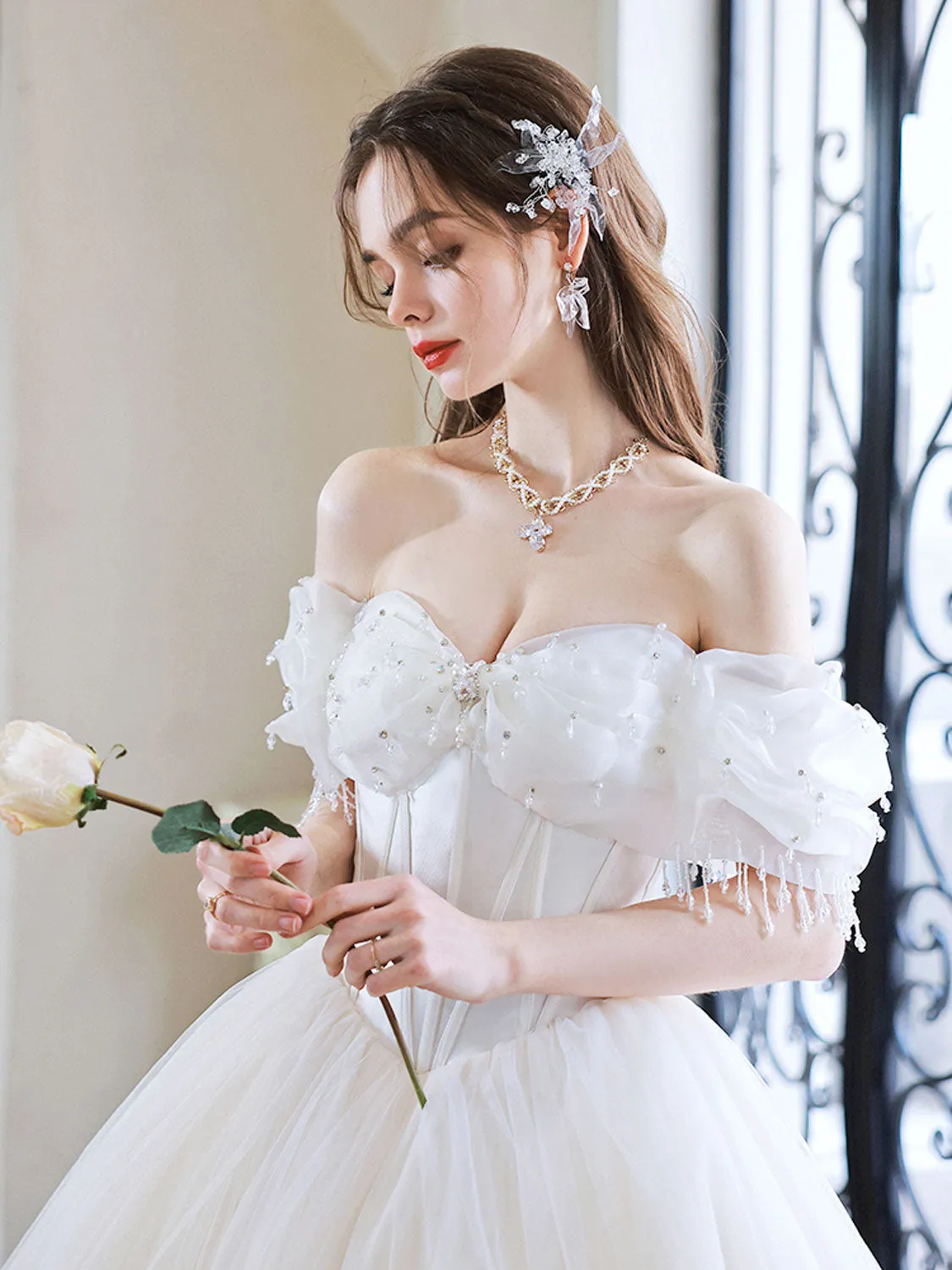Cute Sweetheart Neck Light Champagne Long Prom Dress, Tulle Sweet 16 Dress with Beading