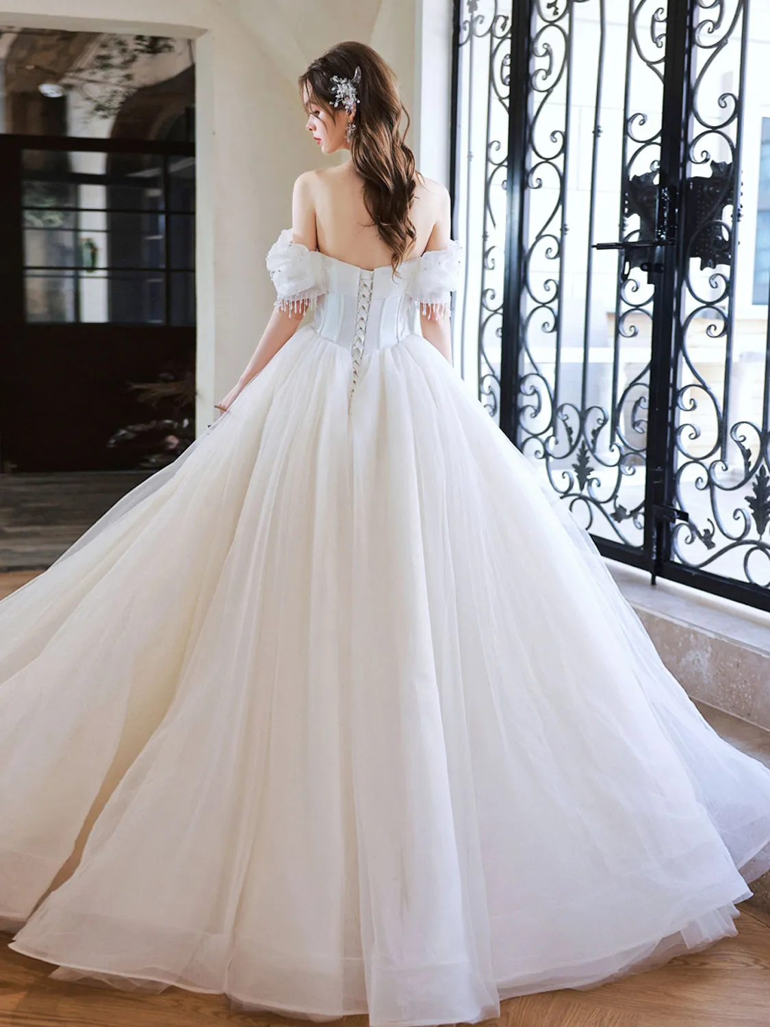 Cute Sweetheart Neck Light Champagne Long Prom Dress, Tulle Sweet 16 Dress with Beading