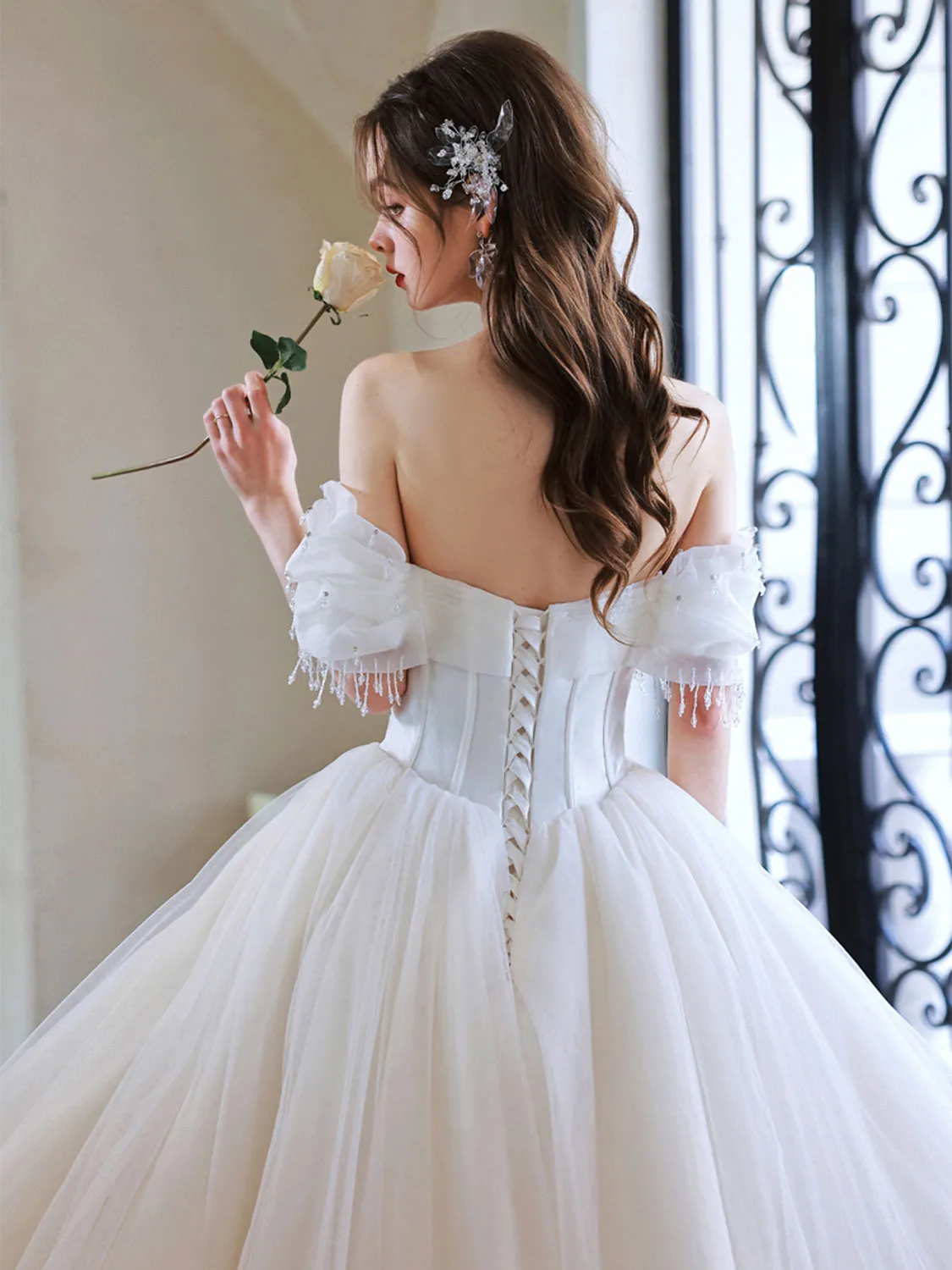 Cute Sweetheart Neck Light Champagne Long Prom Dress, Tulle Sweet 16 Dress with Beading