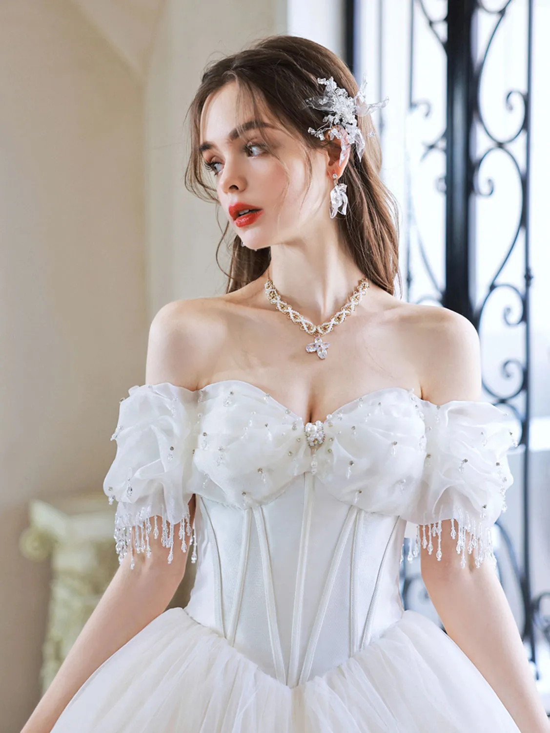 Cute Sweetheart Neck Light Champagne Long Prom Dress, Tulle Sweet 16 Dress with Beading