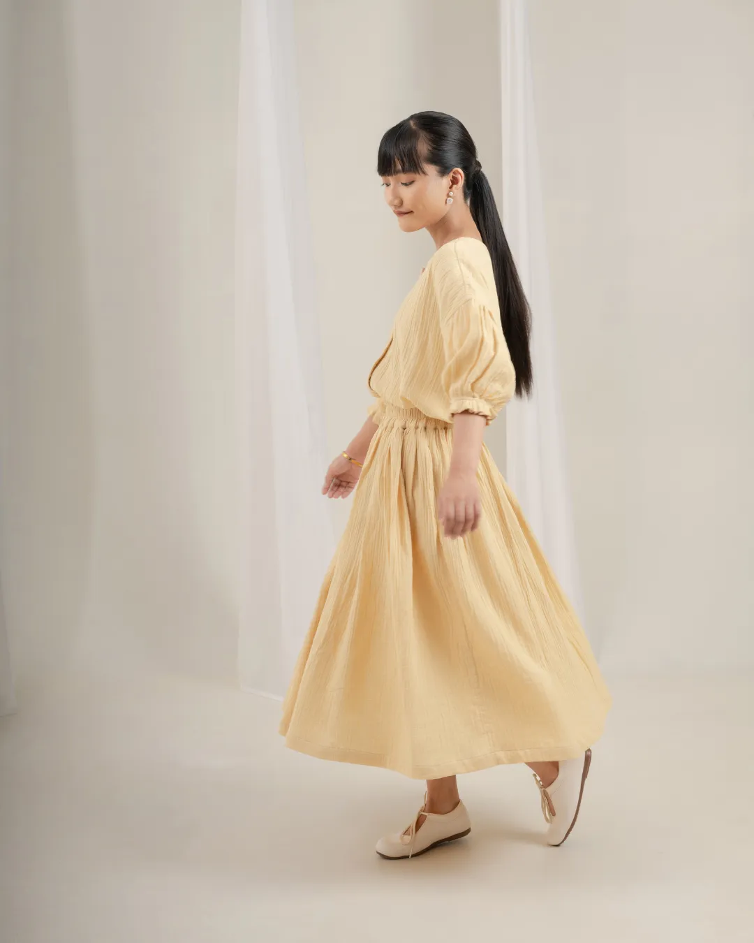Daichi Organic Wrinkle Cotton Skirt & Top Set : Cream