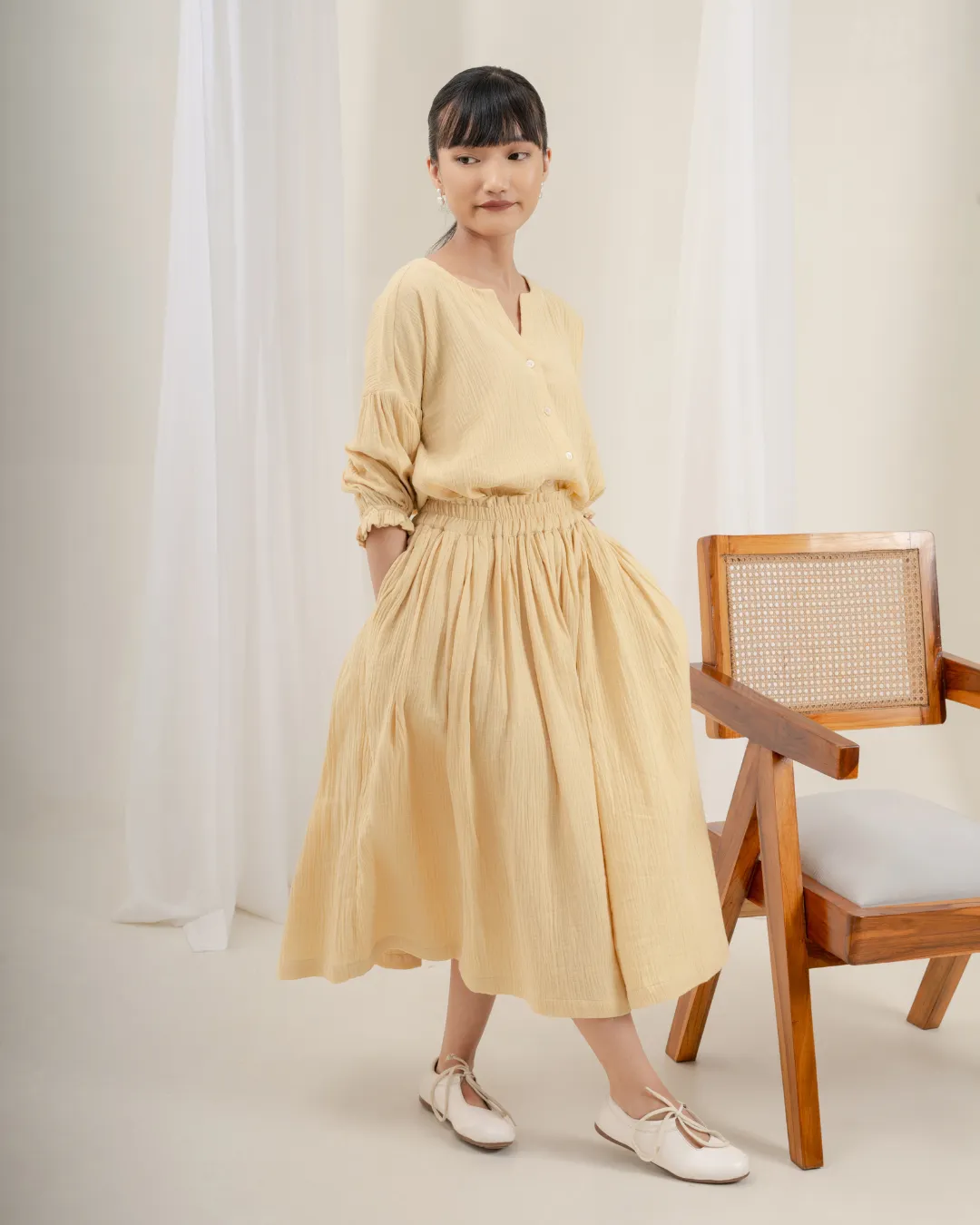 Daichi Organic Wrinkle Cotton Skirt & Top Set : Cream