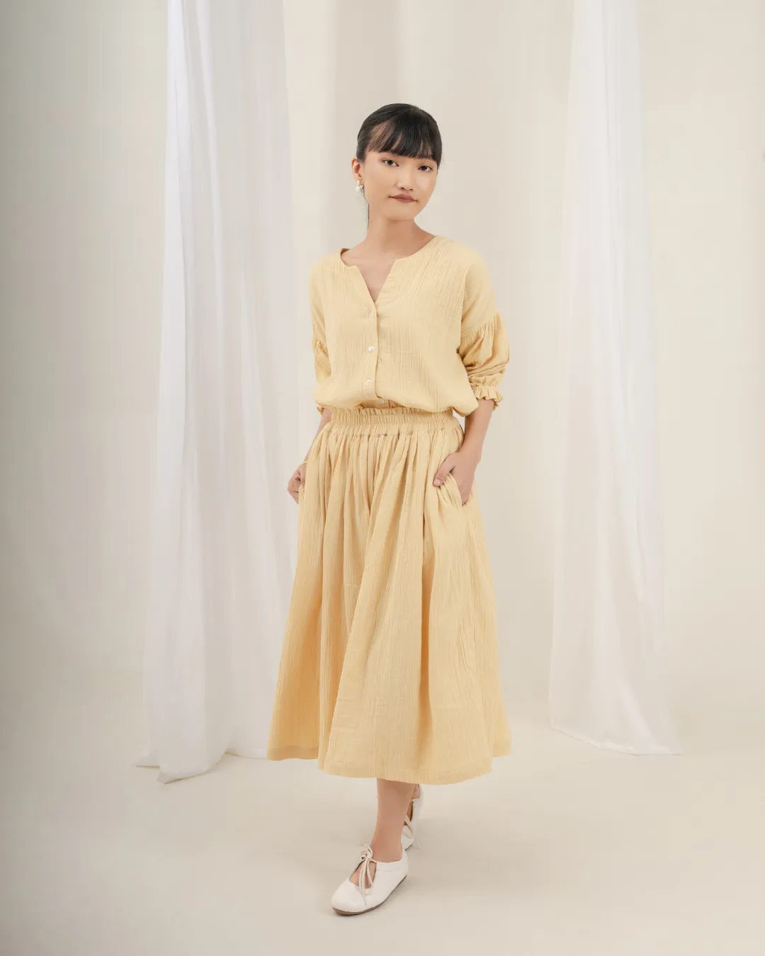 Daichi Organic Wrinkle Cotton Skirt & Top Set : Cream