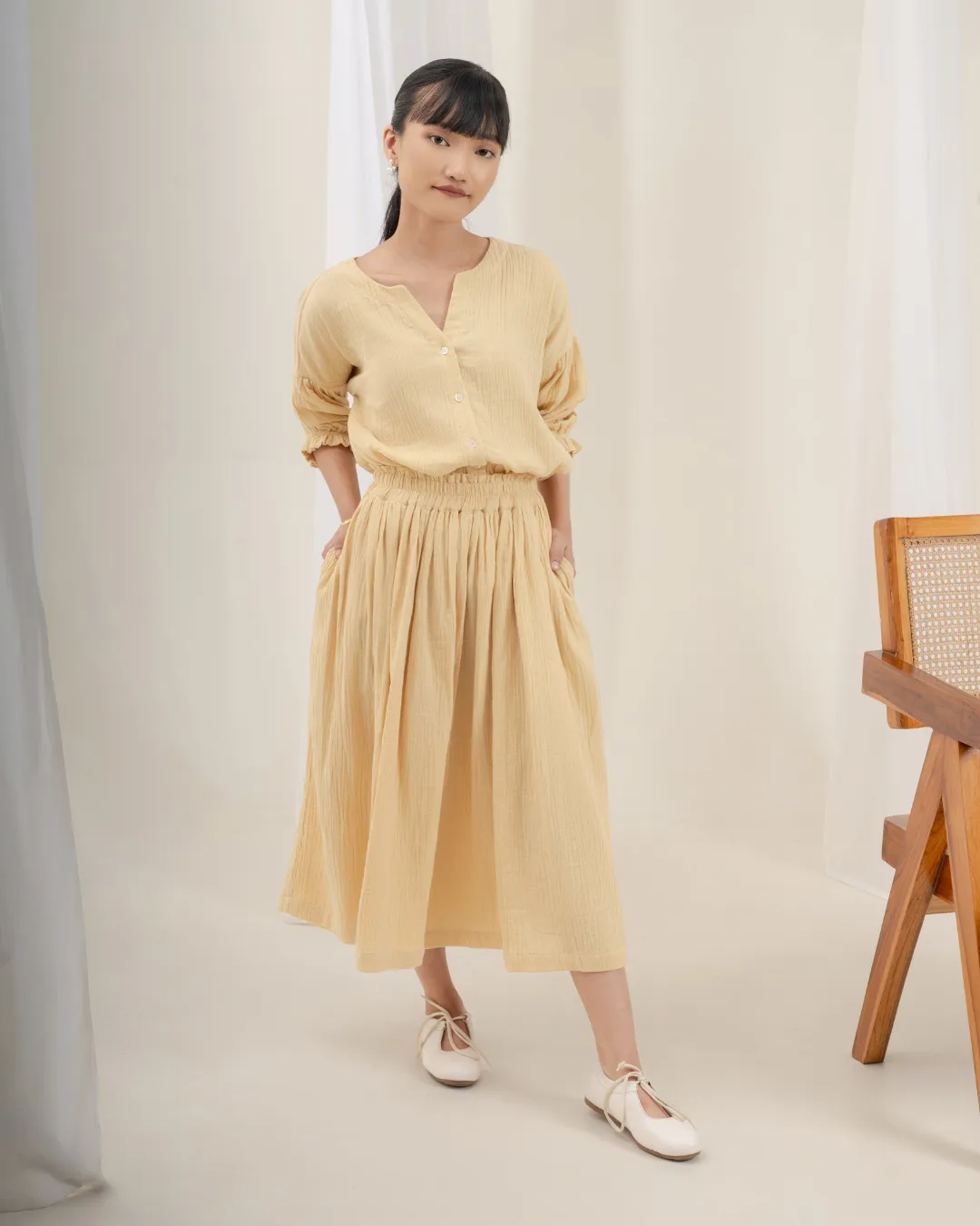 Daichi Organic Wrinkle Cotton Skirt & Top Set : Cream