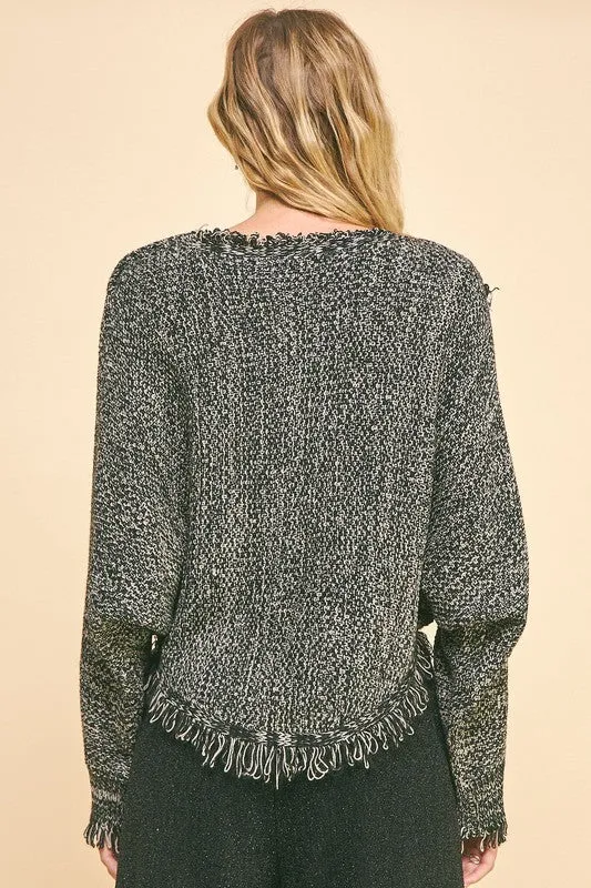 Davi & Dani Grey Black Fringe Hem Overlapping Asymmetrical Crop Sweater Top