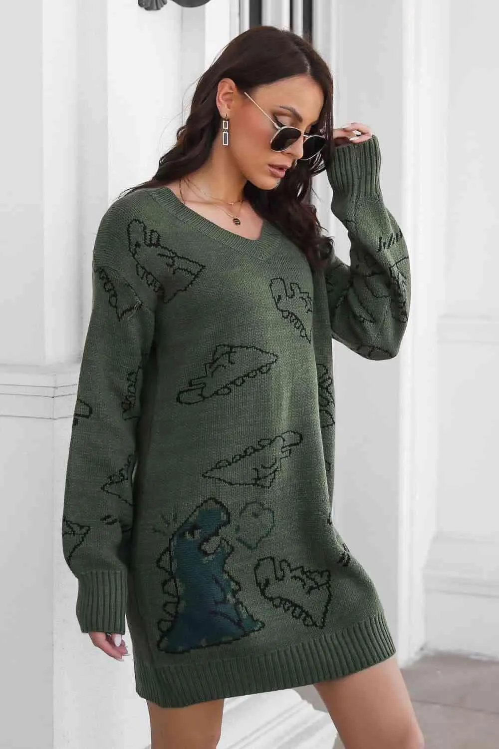 Dinosaur Pattern V Neck Long Sleeve Sweater Dress