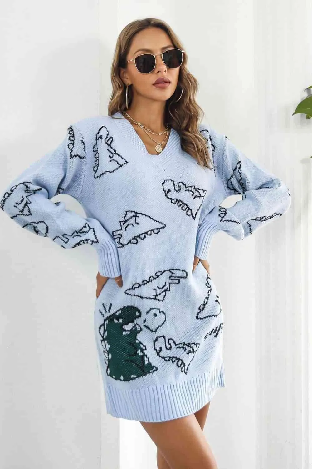 Dinosaur Pattern V Neck Long Sleeve Sweater Dress