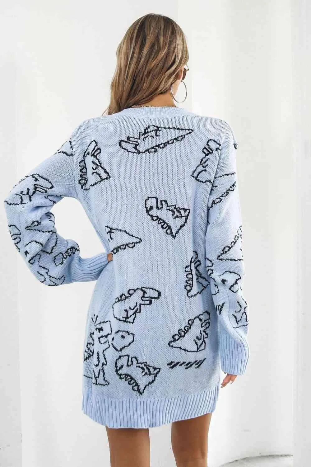 Dinosaur Pattern V Neck Long Sleeve Sweater Dress