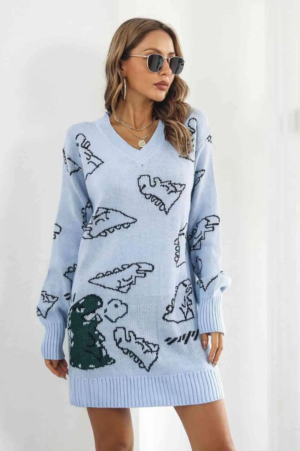 Dinosaur Pattern V Neck Long Sleeve Sweater Dress