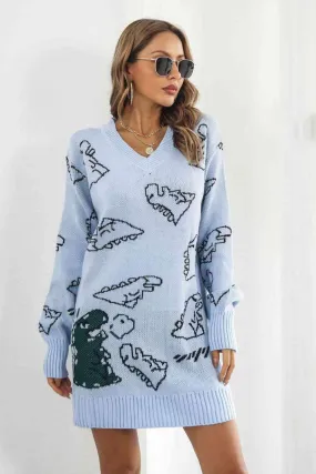 Dinosaur Pattern V Neck Long Sleeve Sweater Dress