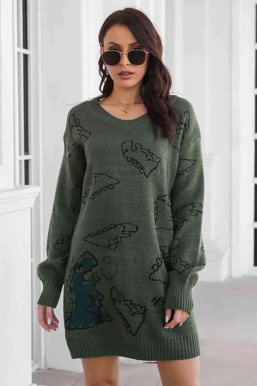 Dinosaur Pattern V Neck Long Sleeve Sweater Dress