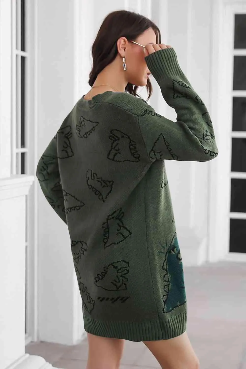 Dinosaur Pattern V Neck Long Sleeve Sweater Dress