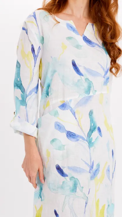 DOLCEZZA<BR>
Feminine Brushstroke Linen Dress<BR>
Aqua<BR>