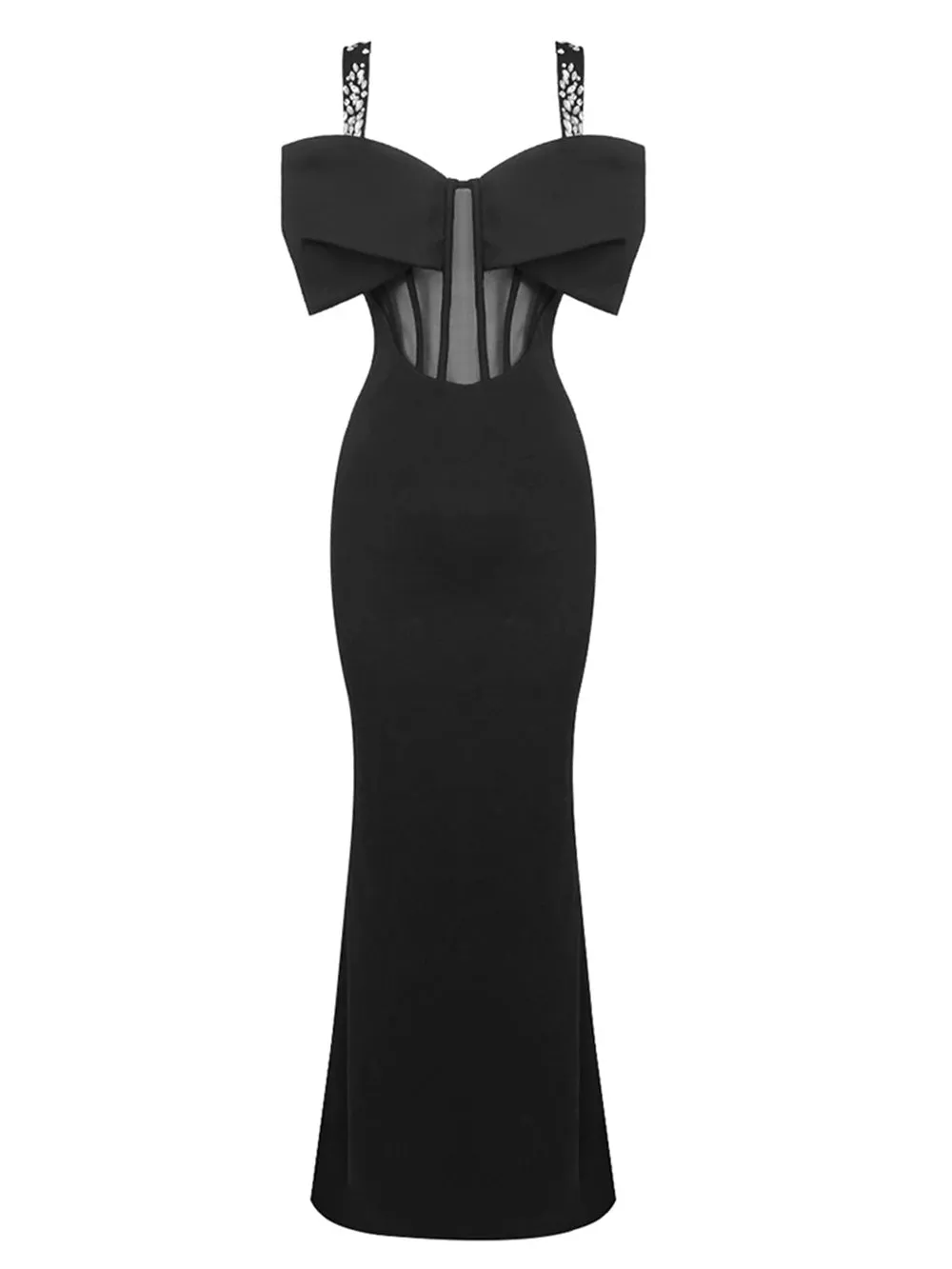 Elegant Maxi Evening Gown with Diamond Mesh, Spaghetti Straps & Bow