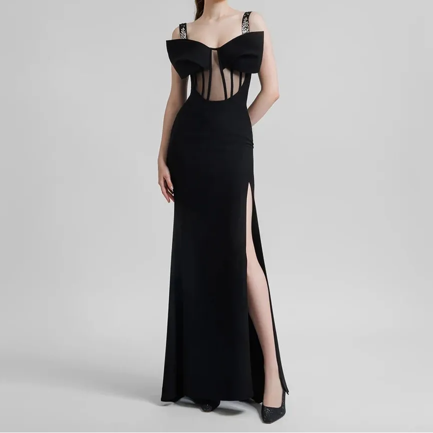 Elegant Maxi Evening Gown with Diamond Mesh, Spaghetti Straps & Bow