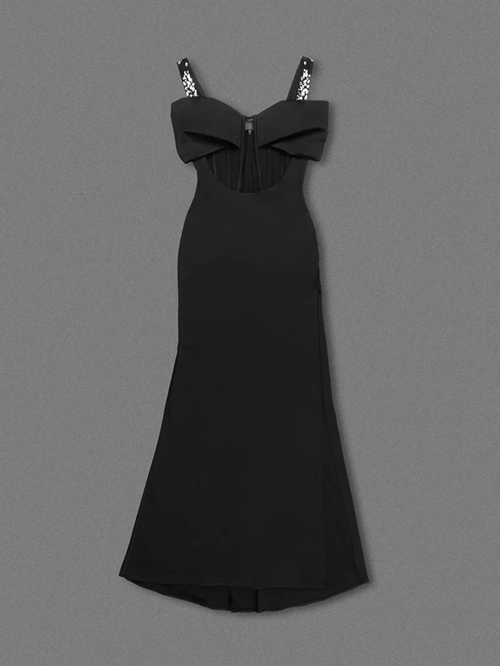 Elegant Maxi Evening Gown with Diamond Mesh, Spaghetti Straps & Bow