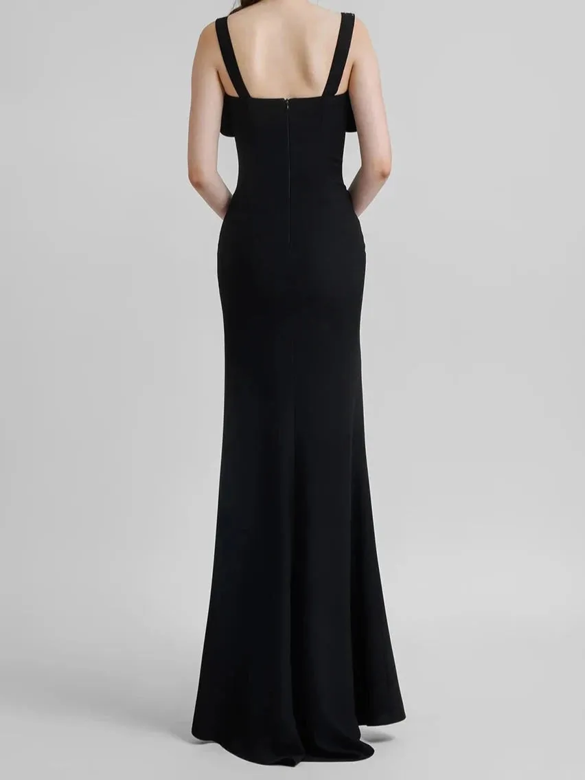 Elegant Maxi Evening Gown with Diamond Mesh, Spaghetti Straps & Bow