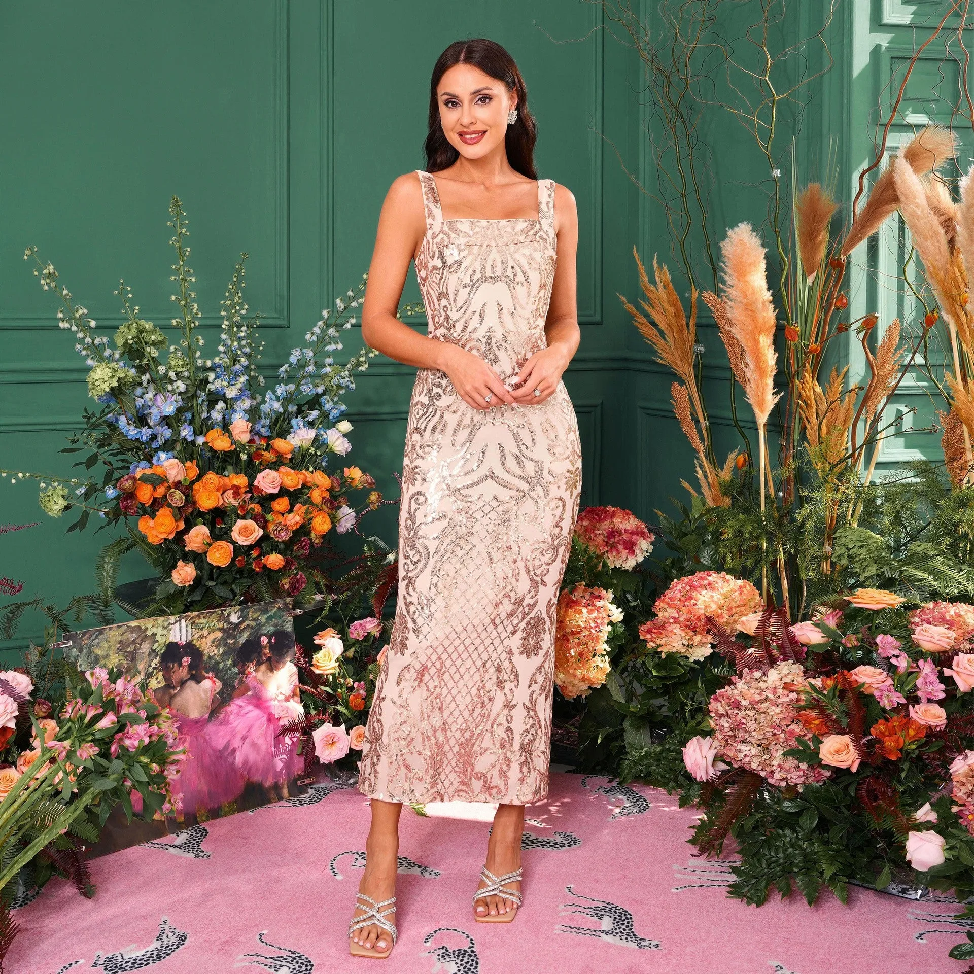 Elegant Sequin Printed Square Collar Split Cocktail Evening Dress