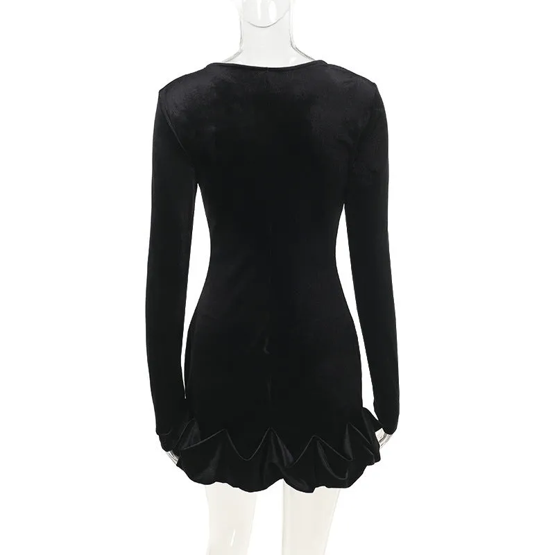 Elegant Velvet Round Neck 3D Pleated Party Dress