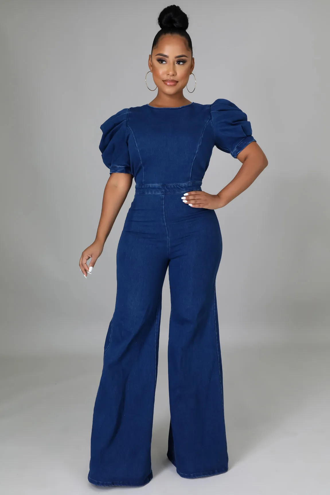 Ellis Puff Sleeves Denim Jumpsuit