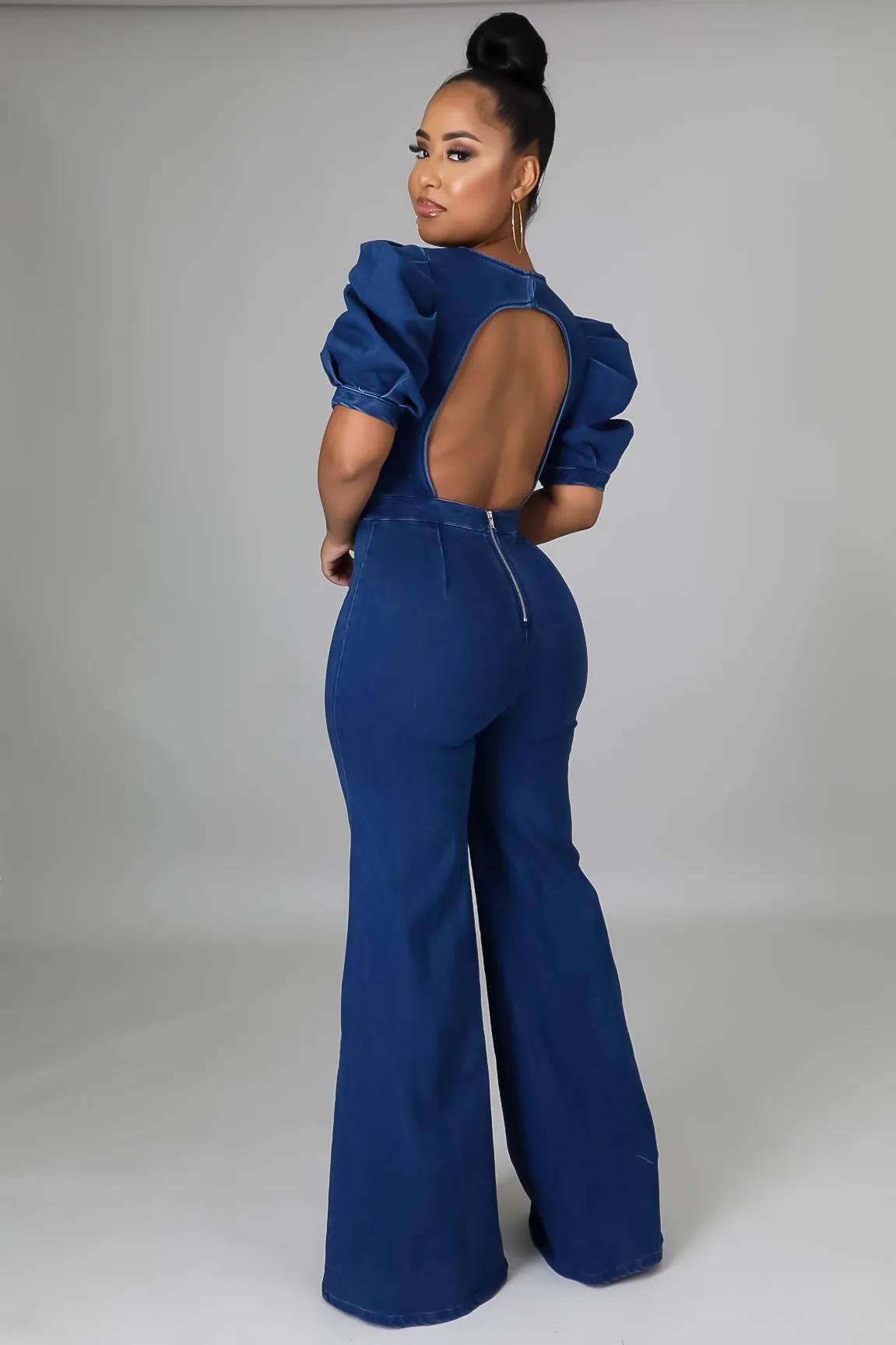 Ellis Puff Sleeves Denim Jumpsuit