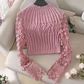 Elsie Womens Round Neck Cropped Sweatshirt Lace Sleeve Crop Pullover Fleece Hoodie Acid Wash Athletic Workout Crop Tops