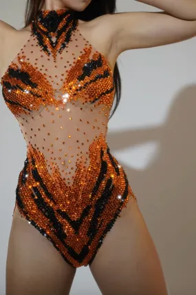 Embellished Catsuit Mesh Jumpsuit Nightclub Party Clothing Full Rhinestones Bodysuit Dance Shows Costume