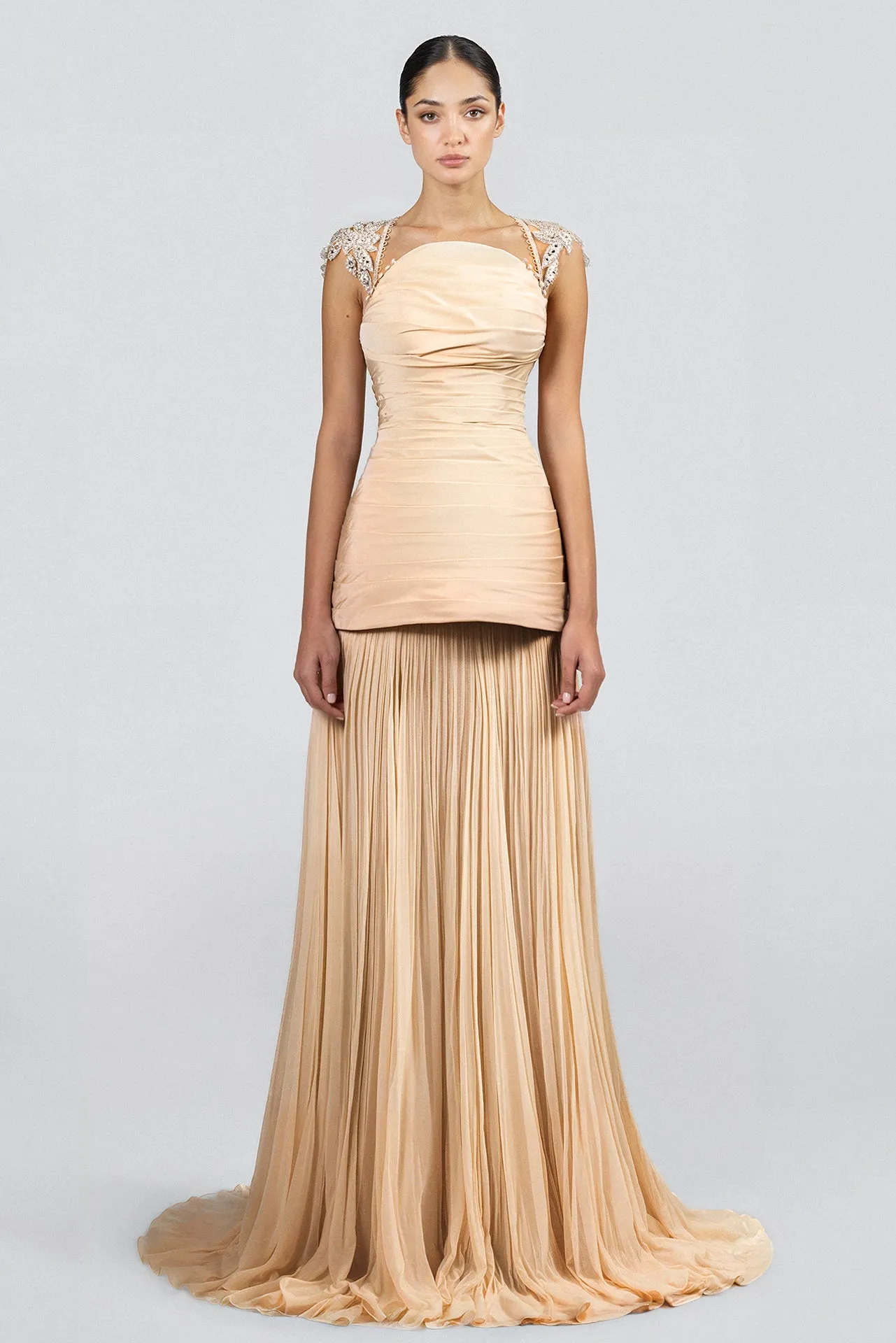 Embroidered Cap Sleeve Top with Pleated Skirt