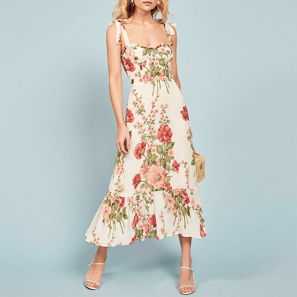FashionSierra - Elegant Ruffle Hem Floral Chiffon Midi Dress Neck Strap Tie Sexy Slip Dress
