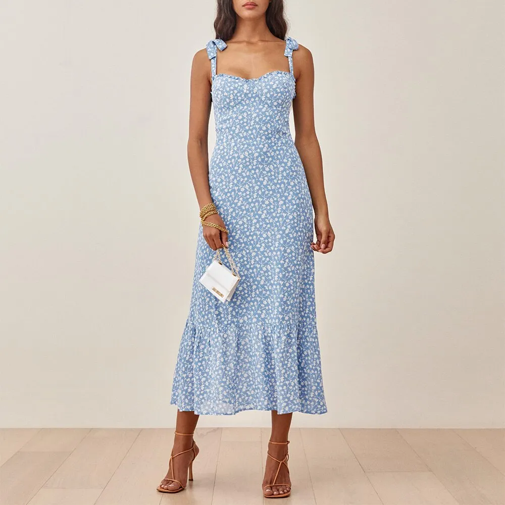 FashionSierra - Elegant Ruffle Hem Floral Chiffon Midi Dress Neck Strap Tie Sexy Slip Dress