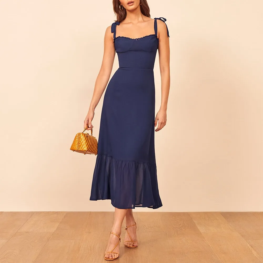 FashionSierra - Elegant Ruffle Hem Floral Chiffon Midi Dress Neck Strap Tie Sexy Slip Dress