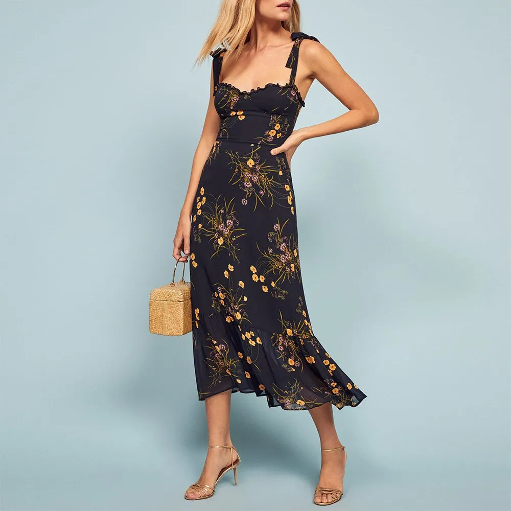 FashionSierra - Elegant Ruffle Hem Floral Chiffon Midi Dress Neck Strap Tie Sexy Slip Dress