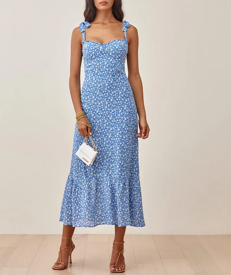 FashionSierra - Elegant Ruffle Hem Floral Chiffon Midi Dress Neck Strap Tie Sexy Slip Dress