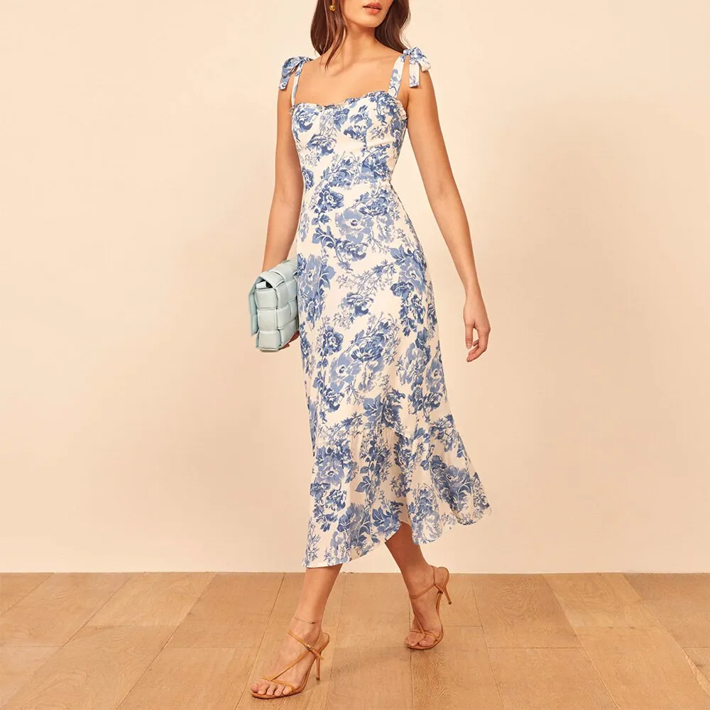 FashionSierra - Elegant Ruffle Hem Floral Chiffon Midi Dress Neck Strap Tie Sexy Slip Dress
