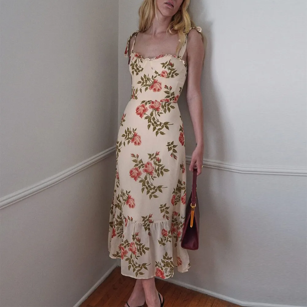 FashionSierra - Elegant Ruffle Hem Floral Chiffon Midi Dress Neck Strap Tie Sexy Slip Dress
