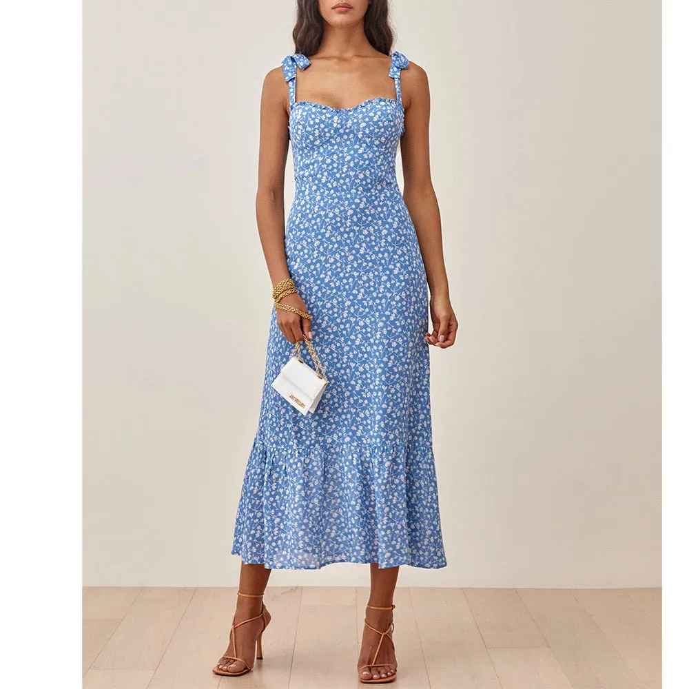 FashionSierra - Elegant Ruffle Hem Floral Chiffon Midi Dress Neck Strap Tie Sexy Slip Dress