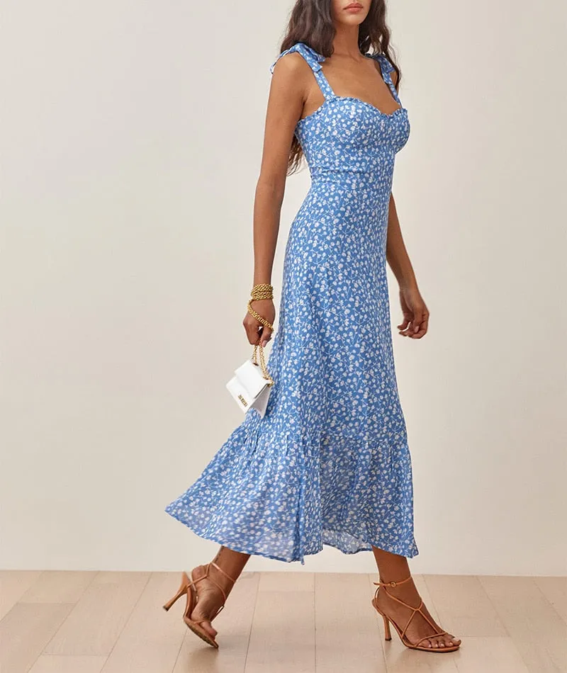 FashionSierra - Elegant Ruffle Hem Floral Chiffon Midi Dress Neck Strap Tie Sexy Slip Dress