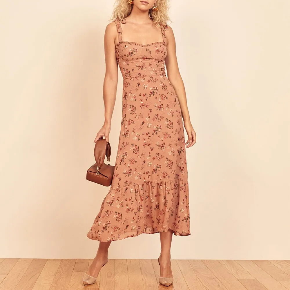 FashionSierra - Elegant Ruffle Hem Floral Chiffon Midi Dress Neck Strap Tie Sexy Slip Dress