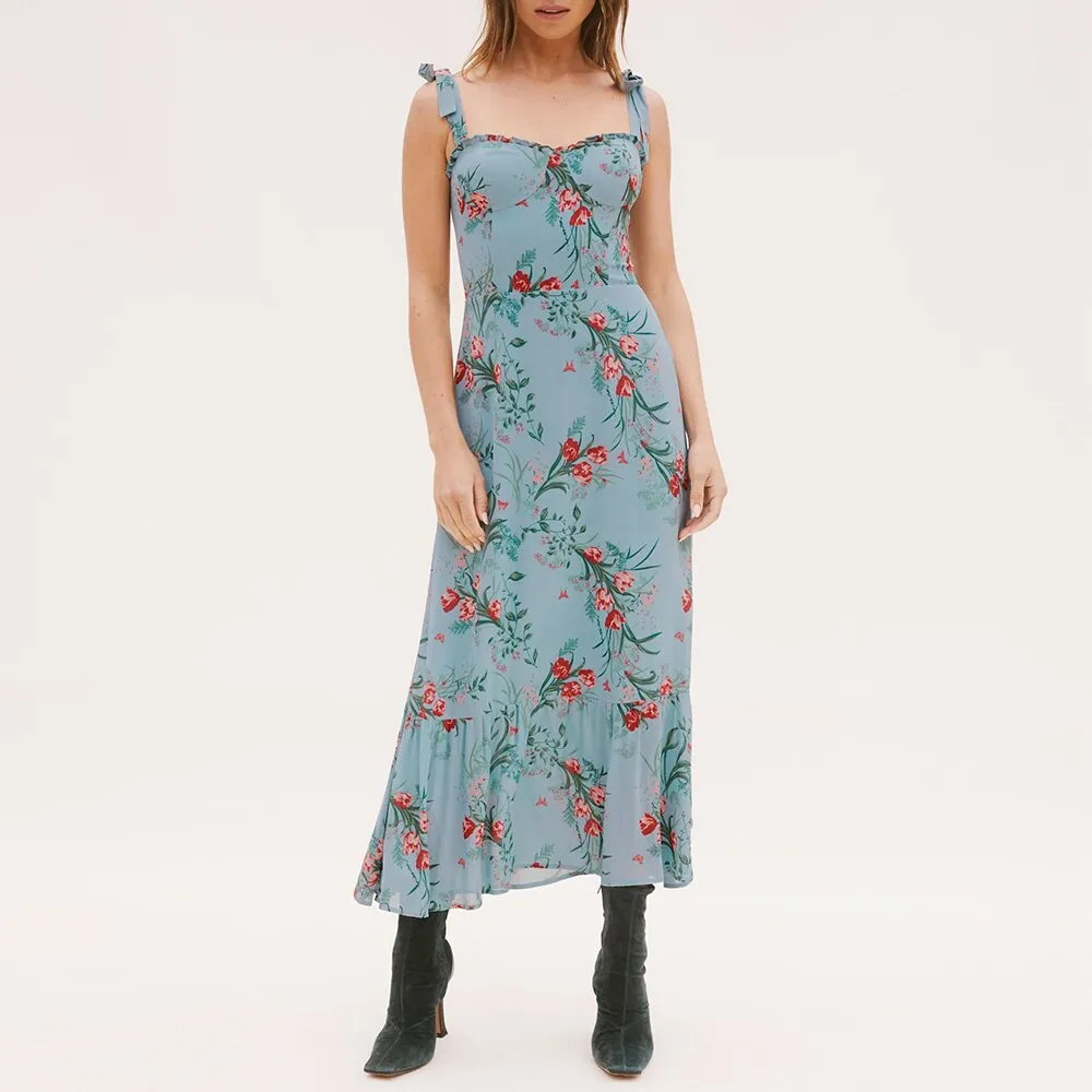 FashionSierra - Elegant Ruffle Hem Floral Chiffon Midi Dress Neck Strap Tie Sexy Slip Dress