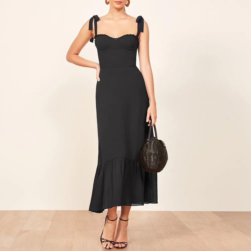FashionSierra - Elegant Ruffle Hem Floral Chiffon Midi Dress Neck Strap Tie Sexy Slip Dress